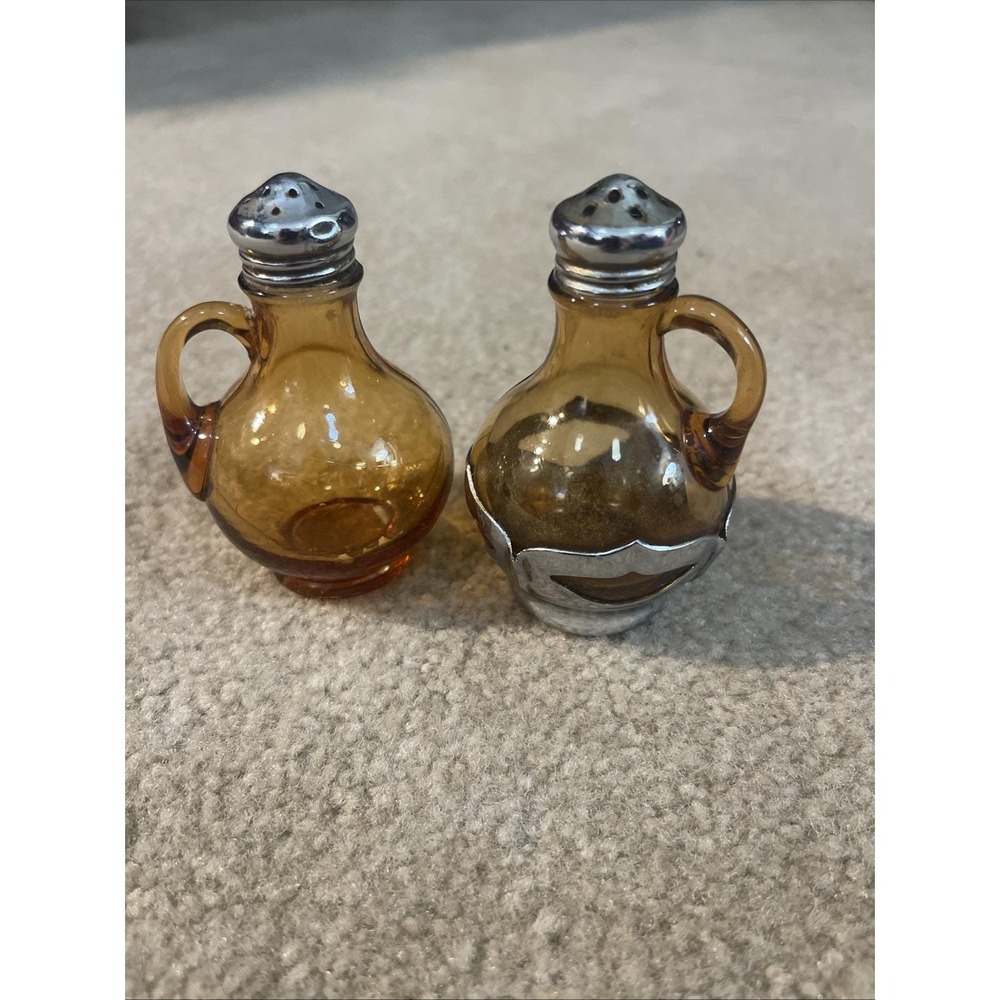 VTG 1940s Salt & Pepper Shakers Farber Bros Amber Carmel Glass Stainless Base